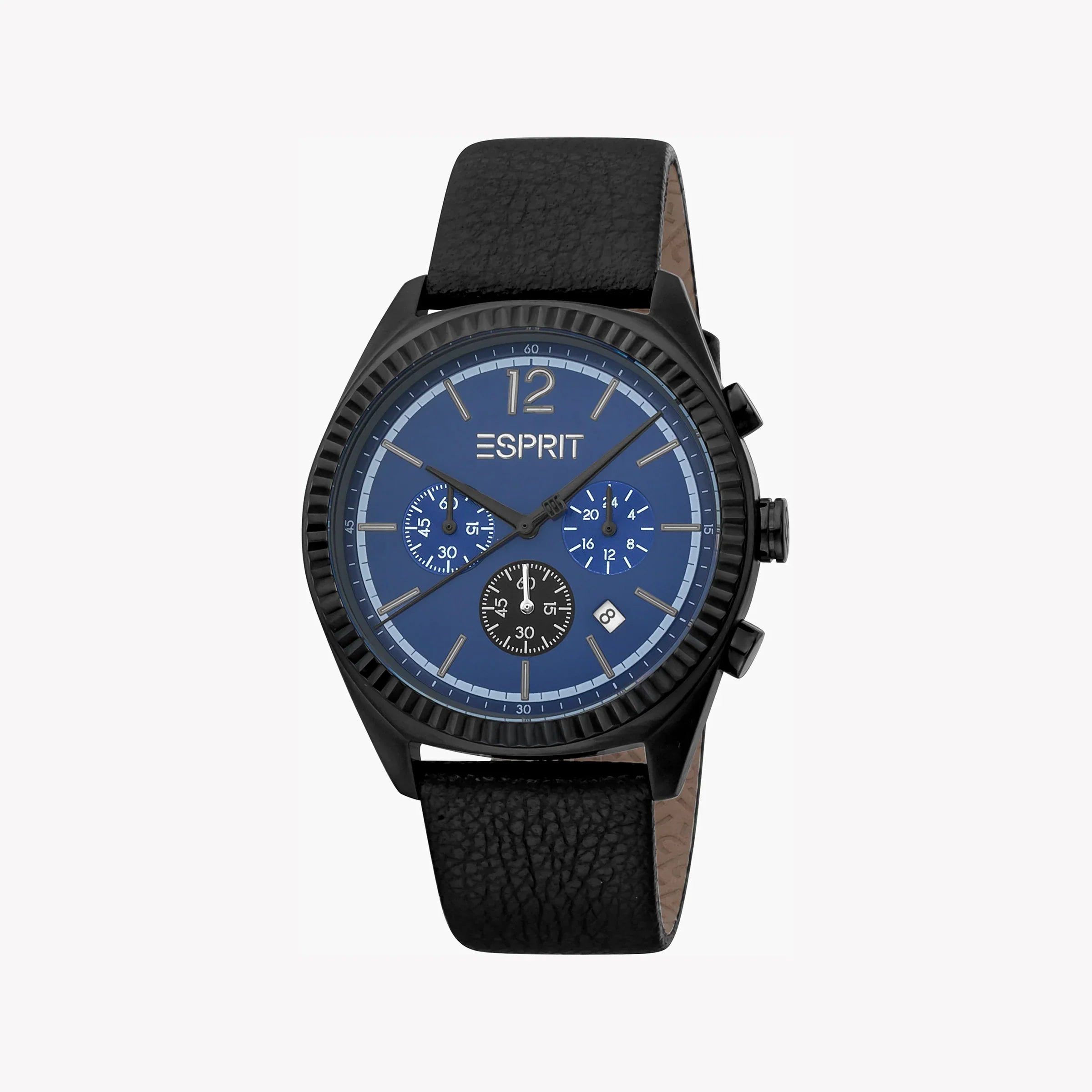 Esprit Men's Black Leather Watch, Blue Dial | Es1g163m0055