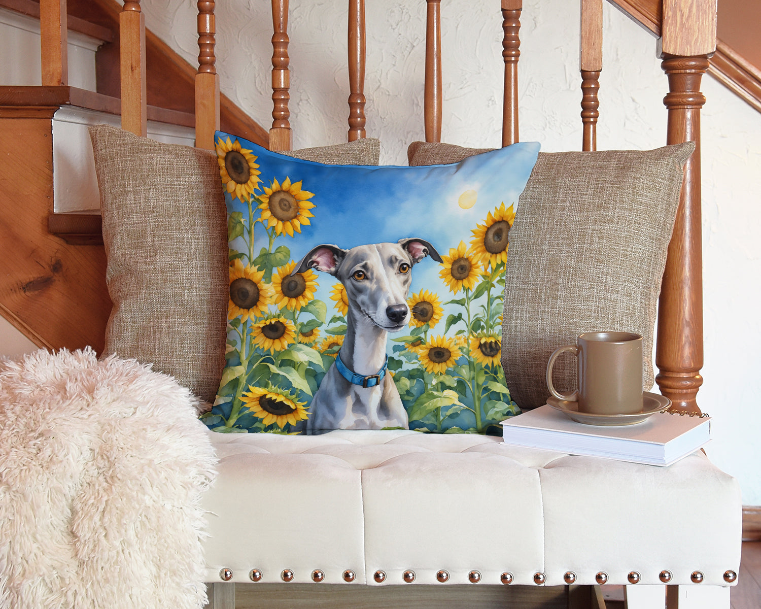 Whippet in Sunflowers Throw Pillow